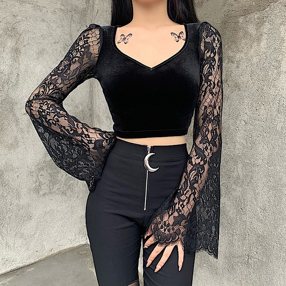 Black velvet long flare sleeve v-neck top - Picture 2 of 12